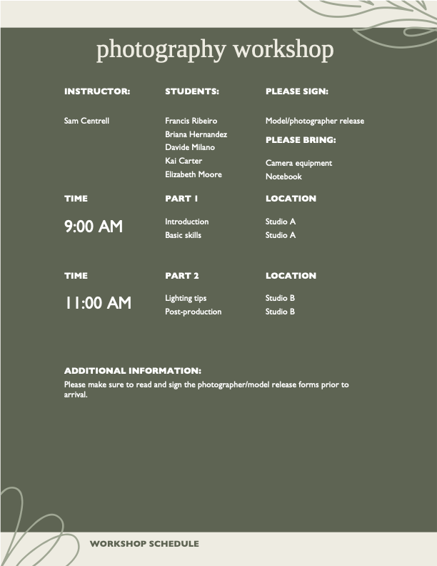 Boho organic photography workshop schedule